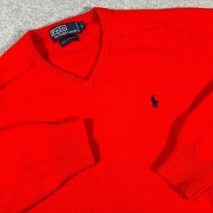 Polo Ralph Lauren Sweater Mens Small (*READ) Orange Lambswool V Neck Preppy Pony